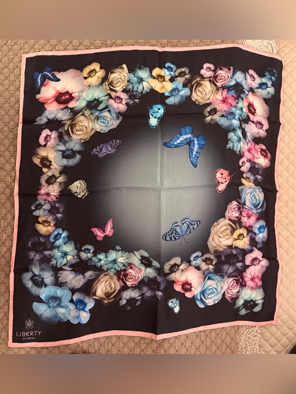 Liberty of London Silk Scarf with Pink, Blue & Cream Floral Butterfly Border